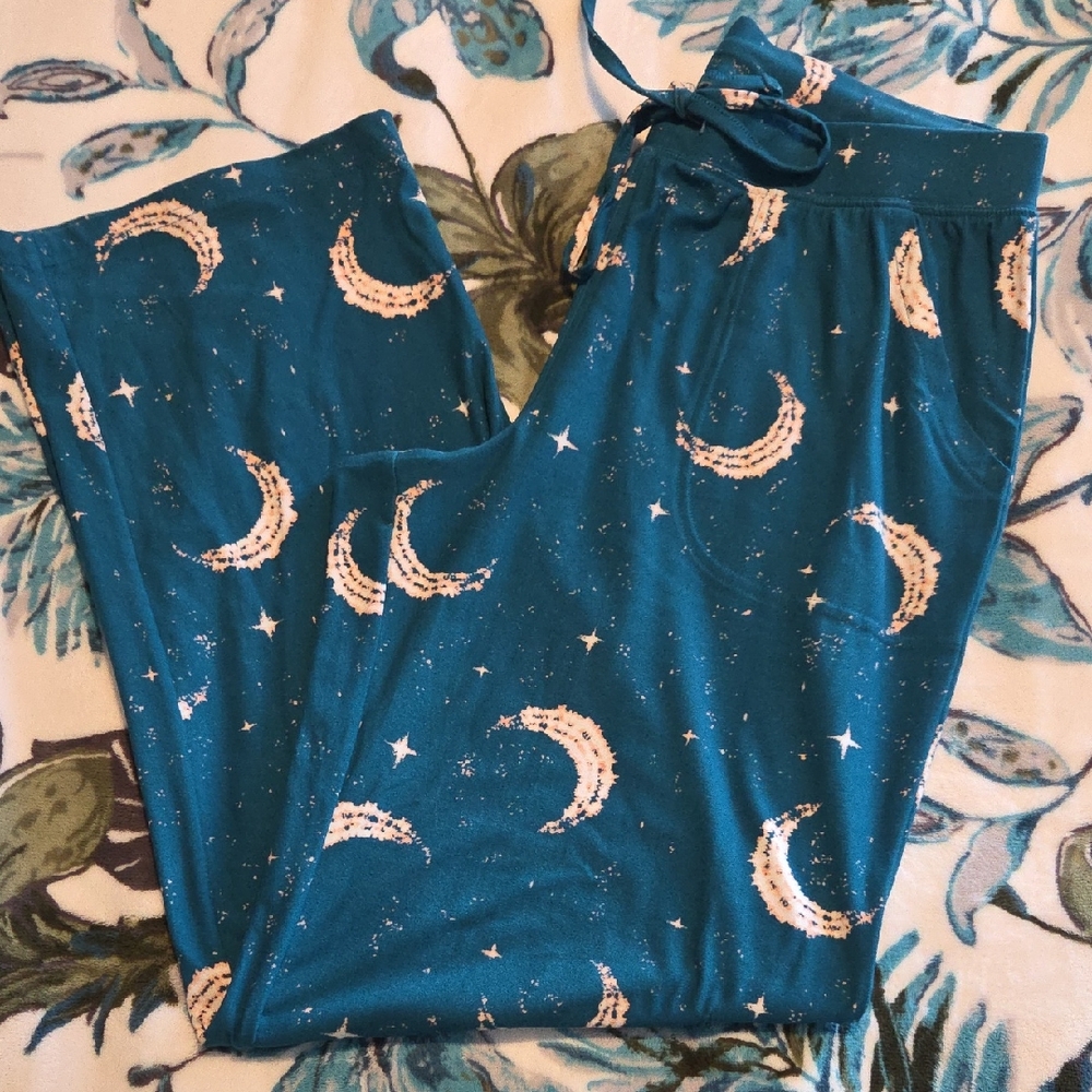 Teal Pajama Pants with Moon and Star Print